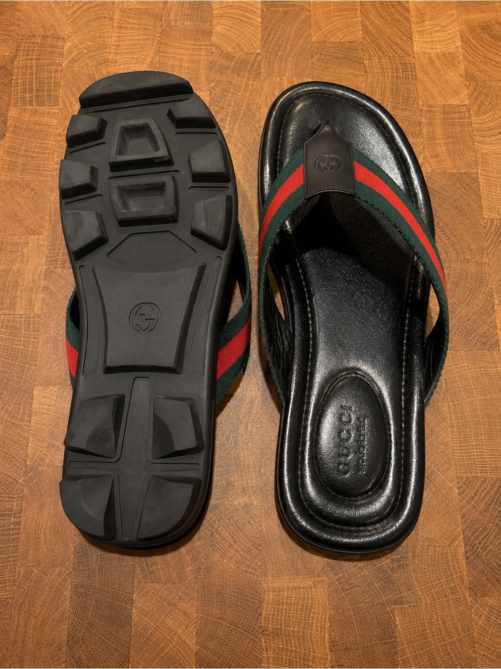 Gucci Men’s Web Stripe Leather Flip Sandals Black/Green/Red Size 11 - Picture 4 of 5